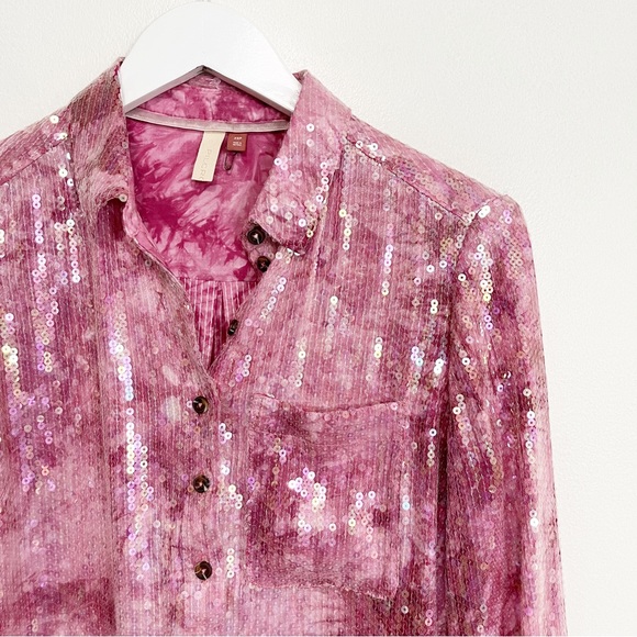 BOGO! Anthroppologie Pilcro Sequined Button Front Blouse Pink XS Petite - Picture 5 of 12